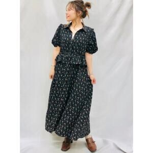 rokh x GU Floral Shirt Dress Puff Sleeve Ruffle Peplum Maxi Cottagecore Midi